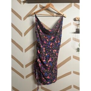 Rays for Days Floral Mini Dress Womens Large Navy Blue Ruched Cowl Neck